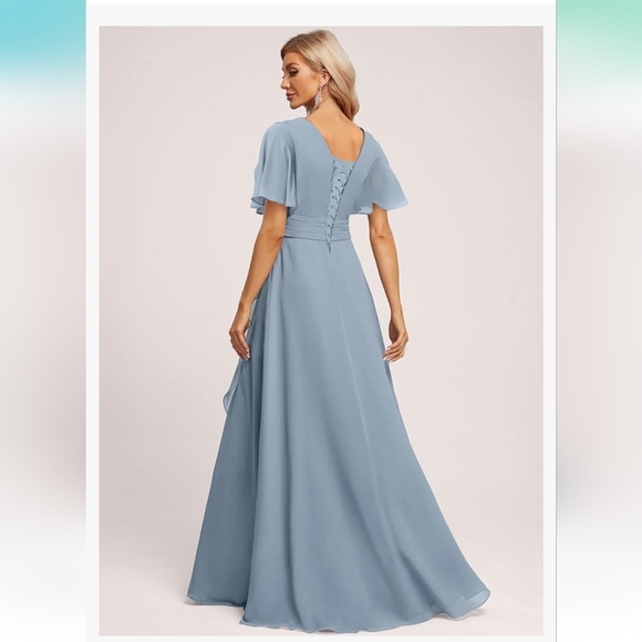 NWOT Deamify dusty blue flutter sleeve bridesmaid dress - Picture 2 of 7